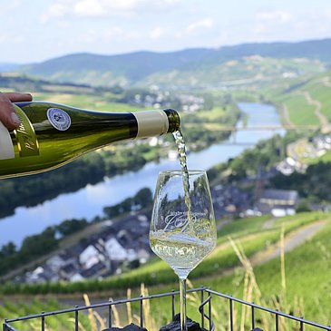 Weinflasche und -glas vor Aussicht